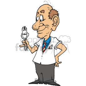 The clipart image depicts a cartoon of a cheerful dentist standing with one hand on his hip and holding a dental instrument, which looks like a pair of pliers or extraction forceps, typically used for pulling teeth. The dentist is wearing a white coat with a tooth and dental mirror emblem on it, indicating his profession, along with a colorful tie. His posture and facial expression suggest a lighthearted or humorous approach to dental care.