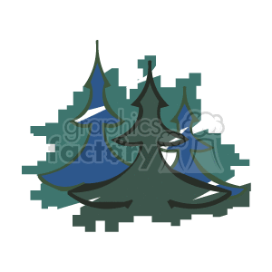 The image is a clipart depicting a group of stylized pine trees. The trees are various shades of green and blue with thick outlines, conveying a simple and abstract representation of a forest or nature scene.