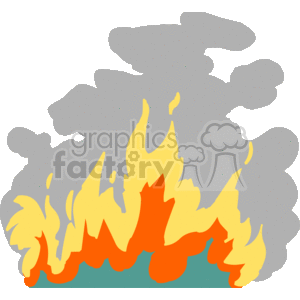 The image is a simple clipart illustration of a fire. The fire is stylized with yellow and orange flames rising from a base, surrounded by a cloud of gray smoke above.