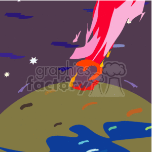 The image is a simple clipart depiction of an asteroid entering the Earth's atmosphere with a fiery tail, indicating it is heating up due to the friction with the atmosphere. The Earth is shown with some simple landmass and water features. Stars are visible in the background, suggesting outer space.