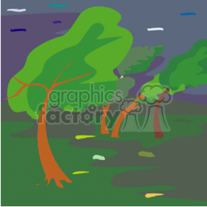 The clipart image depicts a stormy and windy weather condition at night in a forest setting. There are several trees shown with their branches and leaves bending in the direction of the wind. The sky is depicted with dark tones, indicating it is nighttime, and there are streaks that suggest fast-moving clouds or wind. The ground is shown with scattered leaves, which also implies strong wind action.