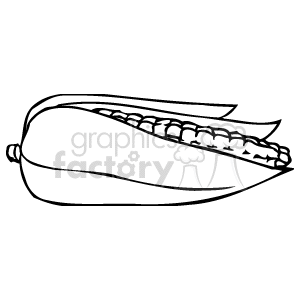 The image is a simple black and white clipart of a partially husked ear of corn. The individual kernels and the layers of the husk that are peeled back are visible, providing a stylized representation of this plant.