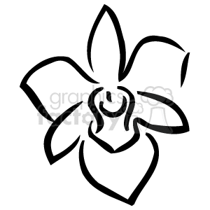 The image is a simple black and white line drawing of a single orchid flower. It displays the characteristic bilateral symmetry of orchids, with a prominent labellum (often referred to as the 'lip' of the orchid flower), which is typically the most elaborate part of the flower.