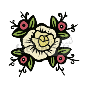The clipart image displays a stylized representation of a flower, possibly a rose or a similar bloom, in the center. It's surrounded by foliage and what appears to be berry-like objects or small stylized flowers. The design is symmetrical and features a limited color palette with outlines that suggest it might be suitable for use in screen printing, embroidery, or similar applications.
