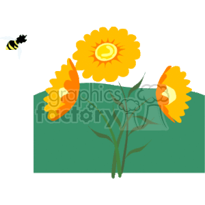 This clipart image depicts a stylized representation of flowers with orange and yellow petals and a central yellow core, resembling sunflowers or marigolds. The flowers are set against a plain blue background, and there is one bee with black and yellow stripes flying near the topmost flower.