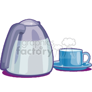 This clipart image features a shiny, silver kettle with a hint of blue reflective coloring on the side, indicating a metallic surface. A small wisp of steam is visible rising from the spout, suggesting that the water inside is hot. Next to the kettle is a blue teacup sitting neatly on a matching saucer.