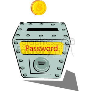 Safe with the word password written in red and one gold coin on top