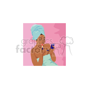 The clipart image depicts an African American woman applying lipstick. She is wrapped in a towel, with another towel wrapped around her hair, suggesting she may be getting ready for the day or for a special event. She is holding a tube of lipstick in her right hand and a compact mirror in her left hand, carefully applying the cosmetic while looking at her reflection.