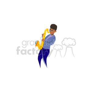 The image is a clipart that depicts an African American male playing the saxophone. He is standing and appears to be in motion while playing the instrument. He is dressed in casual attire, with a purple sweater, blue pants, and shoes, reflecting a relaxed yet stylish appearance.