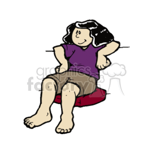 The clipart image depicts a cartoon woman sitting comfortably with her arms resting behind her head. She appears to be relaxed or taking a break. She's seated on what looks like a red cushion or pillow, wearing a purple top and brown shorts, and is barefoot.