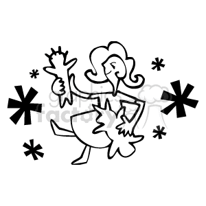 The image is a black and white clipart featuring a stylized cartoon of a young girl happily playing with a toy. The girl is in a dynamic pose, indicating movement and joy. There are also decorative elements that resemble stars around her, adding to the playful atmosphere of the image.