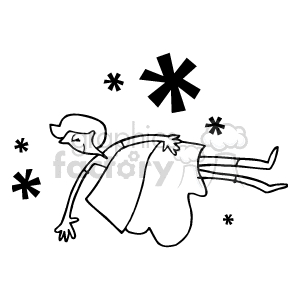 The clipart image depicts a person who appears to be a lady sleeping or resting. She is lying on her side, with her head resting on one arm, while the other arm is draped comfortably along her body. She is covered with a blanket or a quilt, up to her shoulder. There are also several simple star-like shapes around her, which could imply a night-time or dreamy atmosphere.