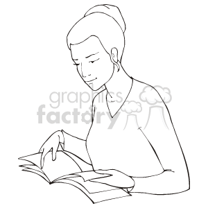 This clipart image depicts a woman reading a book. She appears to be focused on the content, with one hand on the page.