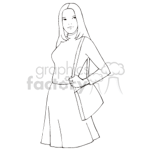 The clipart image features a stylized representation of a young woman. She is standing with a slight smile, wearing a high-neck top and a flared skirt. The woman is also carrying a bag over her shoulder. The drawing is an outline without any shading or color.