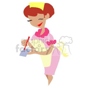 A Waitress with a Pink Dress and Yellow Apron Getting Ready to take an Order