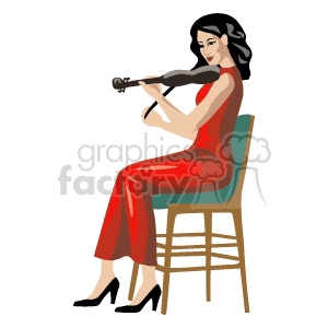 A Woman in a Red Dress Sitting on a Chair Playing a Violin