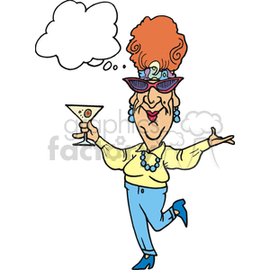 The clipart image shows a thought bubble above a woman. She is depicted as humorous, cartoon-like character who appear to be at a dance party, drinking martinis and celebrating. The focus is on the woman, who is wearing a bachelorette sash, suggesting that she might be celebrating her upcoming wedding.
