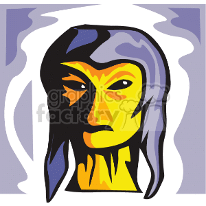 The clipart image depicts a stylized representation of an alien face. The alien has a serious or stern expression with a prominent forehead, slanted eyes, and a long face. The color palette includes yellow, purple, and gray hues with abstract shapes and lines suggesting a possibly ethereal or otherworldly environment.