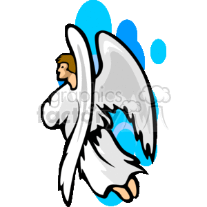 The image is a stylized clipart of an angel with large wings. The angel appears to be in a dynamic or flying pose, with a serene expression on its face. The background has abstract blue shapes that may suggest sky or heaven. The colors are bright with strong contrasts between the angel and the background.