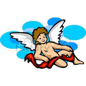This is a cartoon-style clipart image featuring an angel. The angel has white wings, curly hair, and is depicted sitting on a cloud with a tranquil expression. The angel appears to be playful or relaxed, holding a red ribbon or cloth. The overall image conveys a sense of peace, innocence, and heavenly or spiritual themes.