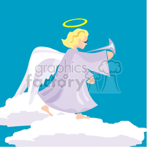 A Robed Angel Walking on the Clouds with a Halo and a Horn