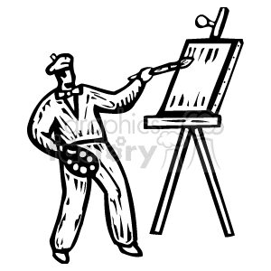 The clipart image depicts an artist at work, standing with a paint palette in one hand and a brush in the other, painting on a canvas that is set on an easel.