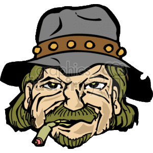 The image is a stylized clipart of a male figure representing a classic western character, possibly an outlaw or cowboy. The character features a rugged face with a prominent mustache and beard, a wide-brimmed cowboy hat with a studded band, and is smoking a cigar.