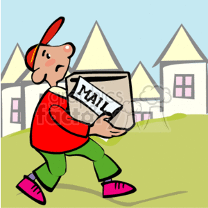 This clipart image features a delivery person, who appears to be a cartoon character, carrying a large package labeled MAIL. The person is wearing a red cap and a green and red uniform, and they seem focused on delivering the package. In the background, there is a simplified representation of a neighborhood with several houses, suggesting the setting is a suburban area.