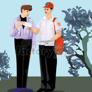The clipart image depicts a scene where a mail carrier, in uniform with a cap and a satchel, is delivering mail to a man. The mail carrier is handing over an envelope, which the recipient is checking. Both individuals appear to be standing outdoors, with a tree and a blue sky in the background.