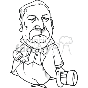 This clipart image depicts a caricature of an individual styled to look like an American president, specifically designed to resemble Grover Cleveland, based on the provided keywords. The caricature features exaggerated facial features that are typical of this art style, including a prominent mustache and a serious expression. The character is holding what appears to be a paper or scroll in one hand while adjusting a bow tie with the other hand, suggesting a formal or political setting.