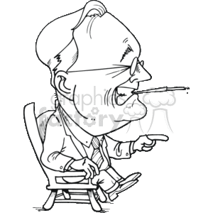 The clipart image shows a caricature of Franklin D. Roosevelt, who was the 32nd President of the United States, known by his initials FDR. The caricature portrays him sitting in a chair, with exaggerated facial features typical of political cartoons, including a prominent chin, pince-nez glasses, and a large, expressive hand pointing forward. He has a cigarette holder extending from his mouth, which was one of his recognizable trademarks.