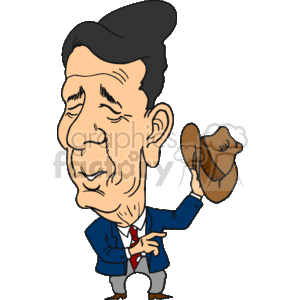 The image is a caricature of a person who resembles the 40th President of the United States, depicted in a humorous style. Description based on the provided keywords includes:- A stylized, exaggerated representation of the person, likely for satirical or humorous effect- The character is dressed in a suit typical of American political figures, with a red tie and a navy-blue jacket- He is holding a cowboy hat, possibly indicating a signature accessory or hobby- The artwork conveys a light-hearted or comedic portrayal, which is often used in political commentary or satire