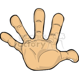 The image depicts a single hand with all five fingers extended, resembling an open palm facing upwards or towards the viewer. This illustrated clipart shows the hand in a straightforward, flat style commonly used in informational graphics or sign language representations. 