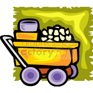 The clipart image displays a colorful baby stroller or pram. The stroller is yellow with accents of orange, has a canopy, and there appear to be baby items or blankets inside it. No people or kids are visible within the stroller. The background is abstract with shades of green, suggesting a park or outdoor setting.
