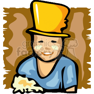 The clipart image features a stylized depiction of a boy wearing a large yellow top hat. The boy is smiling and appears to have rosy cheeks, and he's wearing a blue shirt. There is also a detail that appears to look like a splash or splotch in front of the boy, suggesting that he might be engaging in some playful or messy activity.