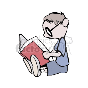 Little boy with glasses sitting and reading a book