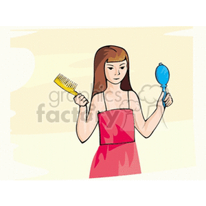 Girl in a red dress holing a mirror and a comb