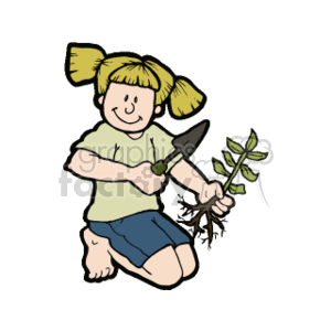 The clipart image depicts a child, specifically a girl, who appears to be engaged in gardening. The girl has blonde hair tied up in pigtails and is kneeling on the ground. She is holding a small plant with green leaves and roots in one hand and a gardening trowel in the other hand. The girl is smiling, which suggests she is enjoying the activity.