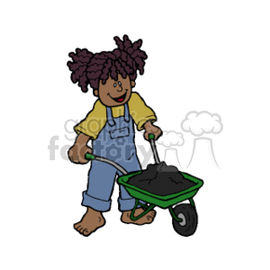 The clipart image depicts a child, possibly a girl, with curly hair, wearing overalls and a yellow shirt, pushing a wheelbarrow filled with what appears to be soil or dirt. The child is barefoot.