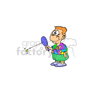 The clipart image shows a cartoon of a young boy playing with a paddle ball. The boy is holding a paddle in his hand, and the ball is attached to the paddle by an elastic string. The ball appears to be in motion, indicating that the boy might have just hit it with the paddle. The boy is dressed in colorful clothes and is wearing shoes.