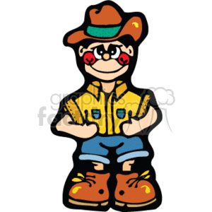 The clipart image features a cartoon character designed to look like a cowboy. The character is depicted as a male child with a playful expression, wearing a cowboy hat with a green band, a yellow shirt with two pockets and cuffed sleeves, blue shorts, and brown cowboy boots with a design on them. The character also has rosy cheeks and appears to be smirking or smiling.
