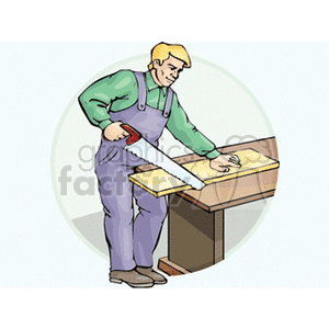 Cartoon carpenter using a hand saw