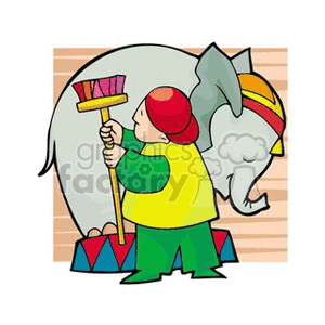 Circus worker bushing an elephant