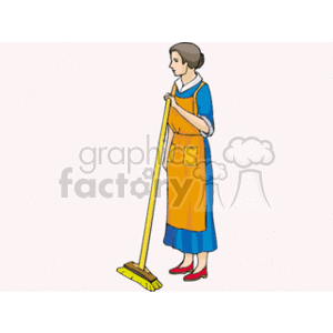 The clipart image shows a person holding a mop. The person appears to be dressed in a traditional maid or janitor outfit, consisting of a blue dress with an apron and red heels. The individual has a determined expression, suggesting they are professional and focused on the task of cleaning. 