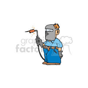The clipart image depicts a cartoon of a welder at work. The welder is wearing protective gear which includes a welding helmet, gloves, and an apron. He is holding a welding torch from which sparks are flying, suggesting he is in the middle of welding. The character appears focused on the task at hand.