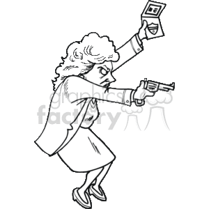 This clipart image depicts a stylized female figure in the role of a detective or private investigator. She is holding a magnifying glass in one hand, raised as if examining something closely, and in the other hand, she is holding a gun, suggesting a scene of crime investigation or law enforcement activity. The character is depicted in motion, with a focused expression, embodying the concept of searching for clues or pursuing suspects in a criminal investigation.