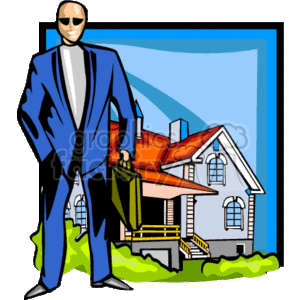 This clipart image features a stylized representation of a real estate agent or realtor, depicted as a person wearing a suit and sunglasses, holding a briefcase, standing in front of a house with a prominent roof, windows, and a front porch. The image gives off a professional vibe associated with realtors and the business of buying and selling homes.