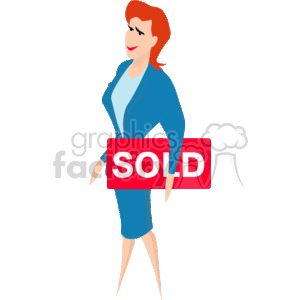 The clipart image shows a stylized woman dressed in professional attire, holding a sign that reads SOLD. She appears confident and successful, representing a successful realtor or real estate agent who has just closed a sale.