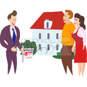 In the image, there is a representation of a real estate agent or realtor shown as a man in a suit holding a folder or documents. He is standing beside a For Sale sign. There's also a couple, possibly potential buyers, standing next to him, with a woman in a red top and a man in an orange shirt. In the background is an illustration of a two-story house with a white facade and a red roof. The image suggests a scenario where the realtor is showing or selling a property to the couple.