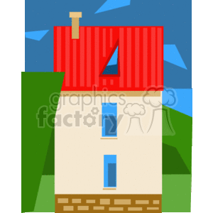The image appears to be a simple, stylized clipart of a two-story house with a red roof and a chimney on top. The house has a beige facade with two blue windows visible and a brick foundation. There's also a green hill or lawn in the foreground, and a blue sky with a couple of white clouds in the background. No people, realtors, or other houses are depicted in the image.